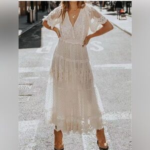Sheer Pocket Detail Dress in White with Black Pois